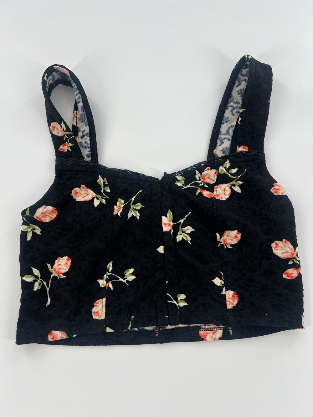 Kimchi Blue Black Cropped Bustier Tank with Coral Rose Print